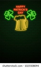 Patricks Day Neon sign and green brick wall. Realistic sign. National holiday symbol in Ireland. Irish mug of beer and shamrock
