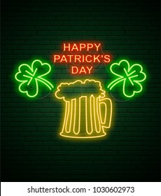 Patricks Day Neon sign and green brick wall. Realistic sign. National holiday symbol in Ireland. Irish mug of beer and shamrock