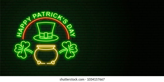 Patricks Day Neon sign and green brick wall. Realistic sign. National holiday symbol in Ireland. Irish Shamrock. Leprechaun Pot of gold. horizontal Template night banner. 