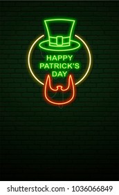 Patricks Day Neon sign and green brick wall. Irish Beard of Leprechaun and Hat. National holiday symbol in Ireland. Template night banner.