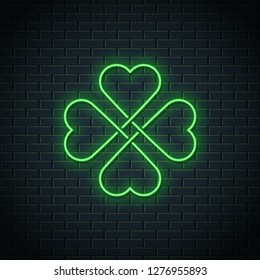 Patricks day neon sign. Patrick clover neon banner on wall background