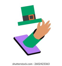 ​St. Patrick's Day online celebration in phone. Flat vector illustration in cartoon style.