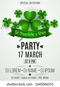 Patrick's day party flyer. Clovers and ribbon banner with text. Festive template for your project. DJ abd club name. Club invitation. Vector illustration. EPS 10