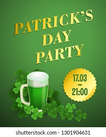 Patricks Day party green invitation design. Inscription with beer mug and clover leaves on green background. Can be used for postcards, invitations, greeting cards