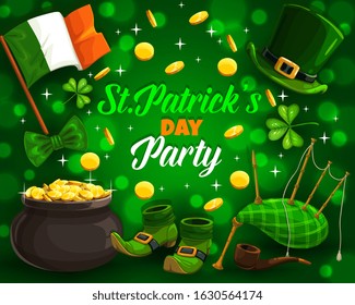 Patricks day party and holiday attributes on green. Vector flag of Ireland, leprechauns hat and shoes, bagpipe and smoking pipe. Rain of golden coins and shamrock leaves, pot with treasures