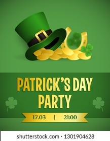 Patricks Day party poster design. Inscription with leprechaun hat, clover leaves, golden coins and horseshoe on green background. Can be used for postcards, invitations, greeting cards