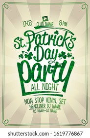 Patrick's day party vector poster, vintage rays backdrop
