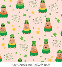 Patrick's day pattern with a happy capybara. St. Patricks Day background, trefoil, shamrock, patrick's hat.