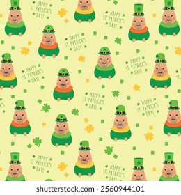 Patricks day pattern with a happy capybara. St. Patricks Day background, trefoil, shamrock, patrick's hat.