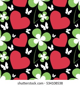 Patrick's Day pattern with red heart and green leafs of clover on the black background. vector