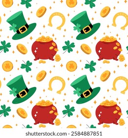 Patricks Day pattern. Vector seamless backround. Leprechauns hat, shamrocks, lucky coins, pot of gold. Cute pattern with Saint Patricks Day symbols. March 17 holiday backdrop.