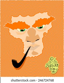 Patricks Day. Portrait of leprechaun. bearded old man with pipe, shamrock, coins 