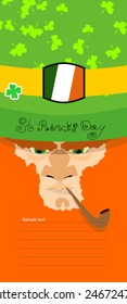 Patricks Day. Portrait of leprechaun. bearded old man with pipe, shamrock, coins 