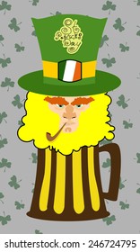 Patricks Day. Portrait of leprechaun. bearded old man with pipe, shamrock, coins 