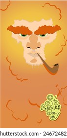Patricks Day. Portrait of leprechaun. bearded old man with pipe, shamrock, coins 