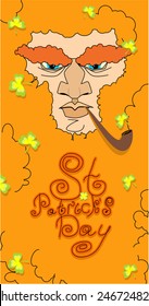 Patricks Day. Portrait of leprechaun. bearded old man with pipe, shamrock, coins 
