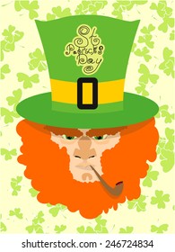 Patricks Day. Portrait of leprechaun. bearded old man with pipe, shamrock, coins 