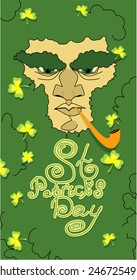 Patricks Day. Portrait of leprechaun. bearded old man with pipe, shamrock, coins 