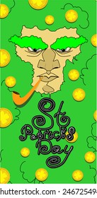 Patricks Day. Portrait of leprechaun. bearded old man with pipe, shamrock, coins 