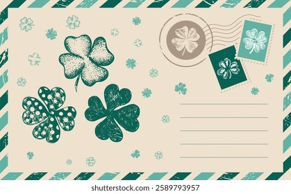 Patrick's day. Postcard with clover, card, hand-drawn illustration	