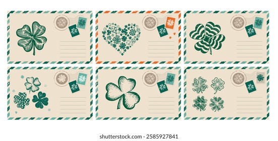 Patrick's day, Postcard with clover, mail, hand drawn illustration	