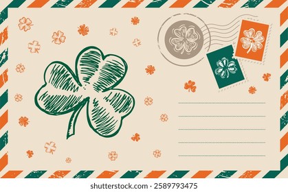 Patrick's day. Postcard with clover, mail, hand drawn illustration	