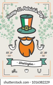 Patrick's day poster. Flat vector poster for saint Patrick's day to parade in Washington. Illustration with hipster flat elements for poster, postcard, flyer, banner for parade, party, bar, irish pub.