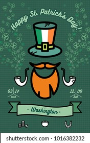 Patrick's day poster. Flat vector poster for saint Patrick's day to parade in Washington. Illustration with hipster flat elements for poster, postcard, flyer, banner for parade, party, bar, irish pub.