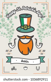 Patrick's day poster. Flat vector poster for saint Patrick's day to parade in Dublin. Illustration with hipster flat elements for poster, postcard, flyer, banner for parade, party, bar, irish pub.