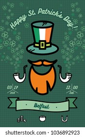 Patrick's day poster. Flat vector poster for saint Patrick's day to parade in Belfast. Illustration with hipster flat elements for poster, postcard, flyer, banner for parade, party, bar, irish pub.