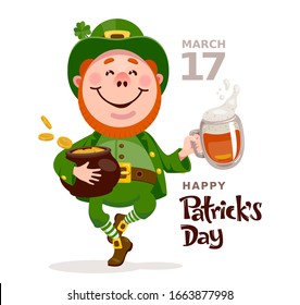 Patrick's day poster with leprechaun dancing with a beer and a pot of gold coins on a white background. RGB. Global color