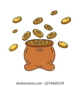 Patricks day pot of coin vector illustration isolated on white background. Symbol Doodle Irish sign. Holiday paraphernalia for sticker, cover, postcards, print, social media, icon.