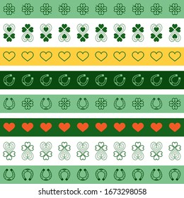 Patrick's Day Ribbon Color Set. Vector illustration of Seamless borders. Clover leaves, horseshoe, heart. Striped elements isolated. For holiday design, greetings, postcards, prints, add-ons and more.