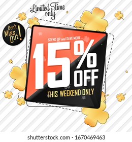 Patricks Day Sale 15% off, discount banner design template, don't miss out, promotion tag, best offer poster, vector illustration