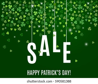 Patrick's day sale banner template with shamrock leaves on dark green background. Shop market poster for your holiday design. Vector illustration.