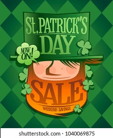 Patrick's day sale banner, vector illustration with leprechaun portrait
