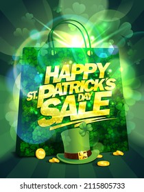 Patrick's day sale poster or web banner design mockup with green shopper bag, leprechaun hat, golden lettering and coins