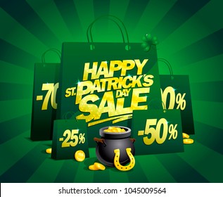 Patrick's day sale vector poster concept with shopping bags and golden title
