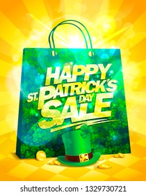 Patrick's day sale vector poster concept with green paper bag, leprechaun hat and golden coins
