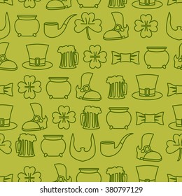 Patricks day seamless background. pattern of an old shoe and mug of ALE. Pot of gold and leprechaun beard. Pipe and tie a butterfly. Ornamnet for national Irish holiday  St. Patrick's day 