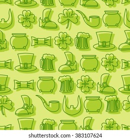 Patricks day seamless pattern. Background for Irish holiday. Accessories for leprechauns. Pot of gold and hat cylinder. Pipe and mug of beer. Beard and an old shoe. Linear icons St. Patrick's date