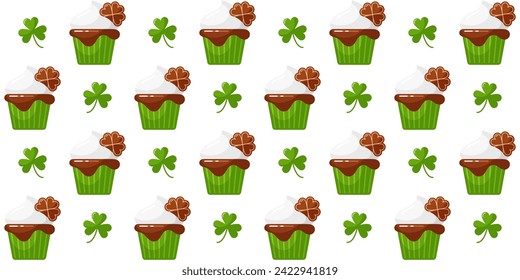 Patrick's Day seamless pattern with cupcakes with whipped cream, gingerbread and green clover leaves. Background with muffin, cake in cup with holiday design, vector flat cartoon illustration