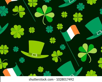 Patrick's Day, seamless pattern with green clover leaves, Irish flag and leprechaun hat. For banner and greeting card. Typography design. Vector illustration