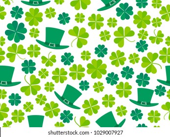 Patrick's Day, seamless pattern with green clover leaves and leprechaun hat. For banner and greeting card. Typography design. Vector illustration