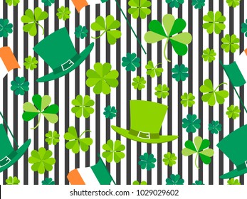 Patrick's Day, seamless pattern with green clover leaves, Irish flag and leprechaun hat on a striped background. For banner and greeting card. Typography design. Vector illustration