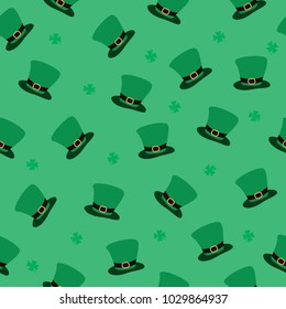 Patrick`s Day, seamless pattern with green clover leaves and leprechaun hat. For banner and greeting card. Vector illustration