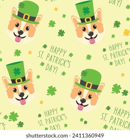 Patricks day seamless pattern with a happy dog with hat. St. Patricks Day background with a cute corgi dog, trefoil, shamrock, patrick's hat.
