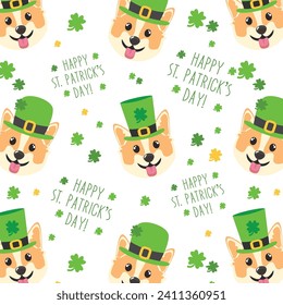 Patricks Tag nahtloses Muster mit einem glücklichen Hund. St. Patricks Day Hintergrund mit einem süßen Corgi Hund, Laube, Shamrock, Patrick's Hut.