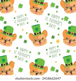 Patricks Tag nahtloses Muster mit einem glücklich lächelnden Hund. St. Patricks Day Hintergrund mit einem süßen französischen Bulldoggen, Laube, Shamrock, Patrickhut.