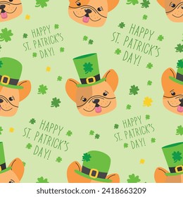 Patrick's day seamless pattern with a happy dog. St. Patrick's Day background with a cute corgi dog, trefoil, shamrock, patrick's hat.